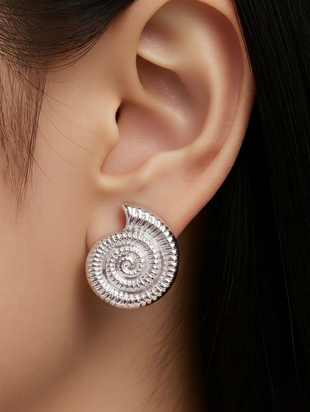 Silver Nautilus Shell Stud Earrings Spiral Conch Coastal Ocean Jewelry Beach